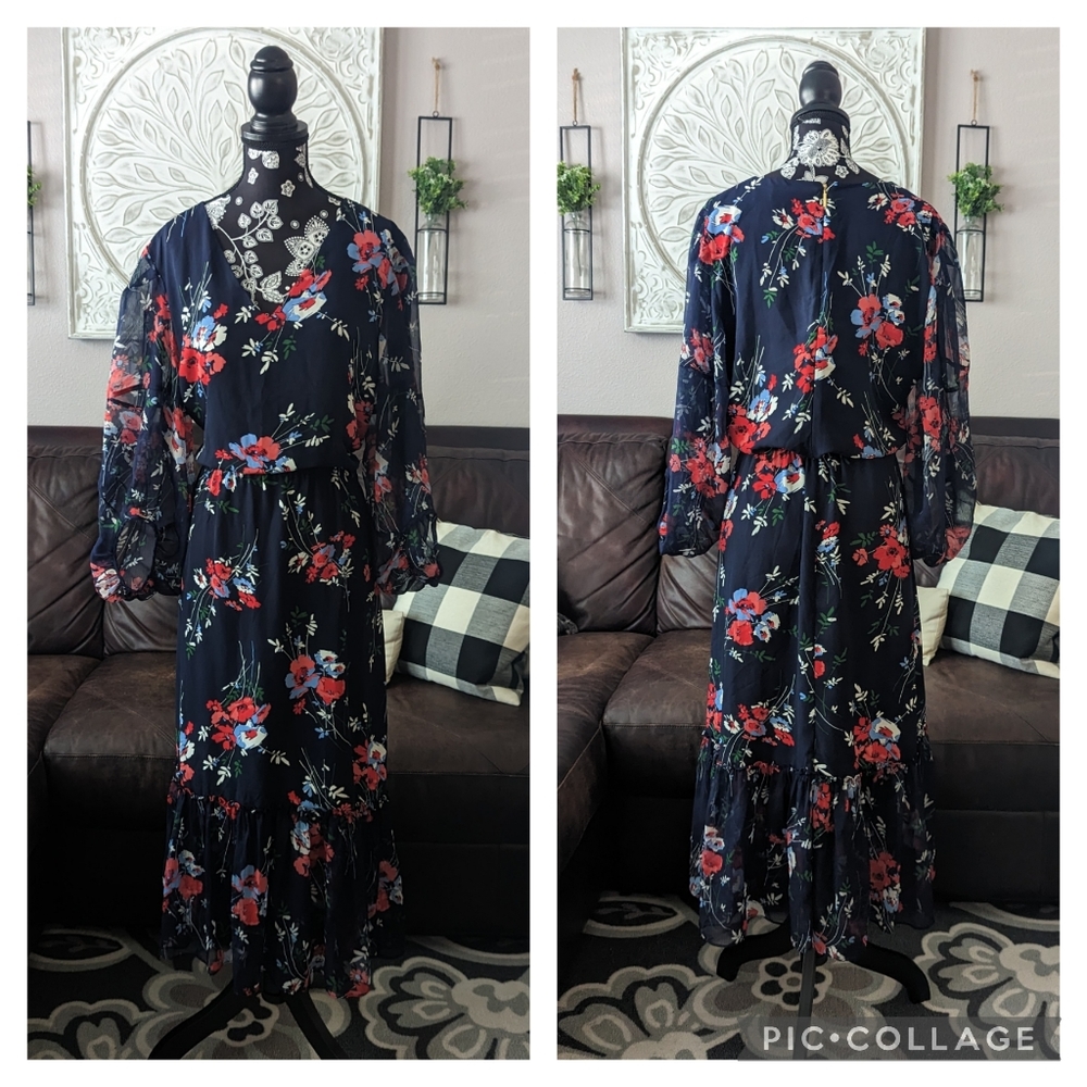 Lauren - Ralph Lauren Navy Floral Chiffon 3/4 Sleeve Midi Dress sz 10